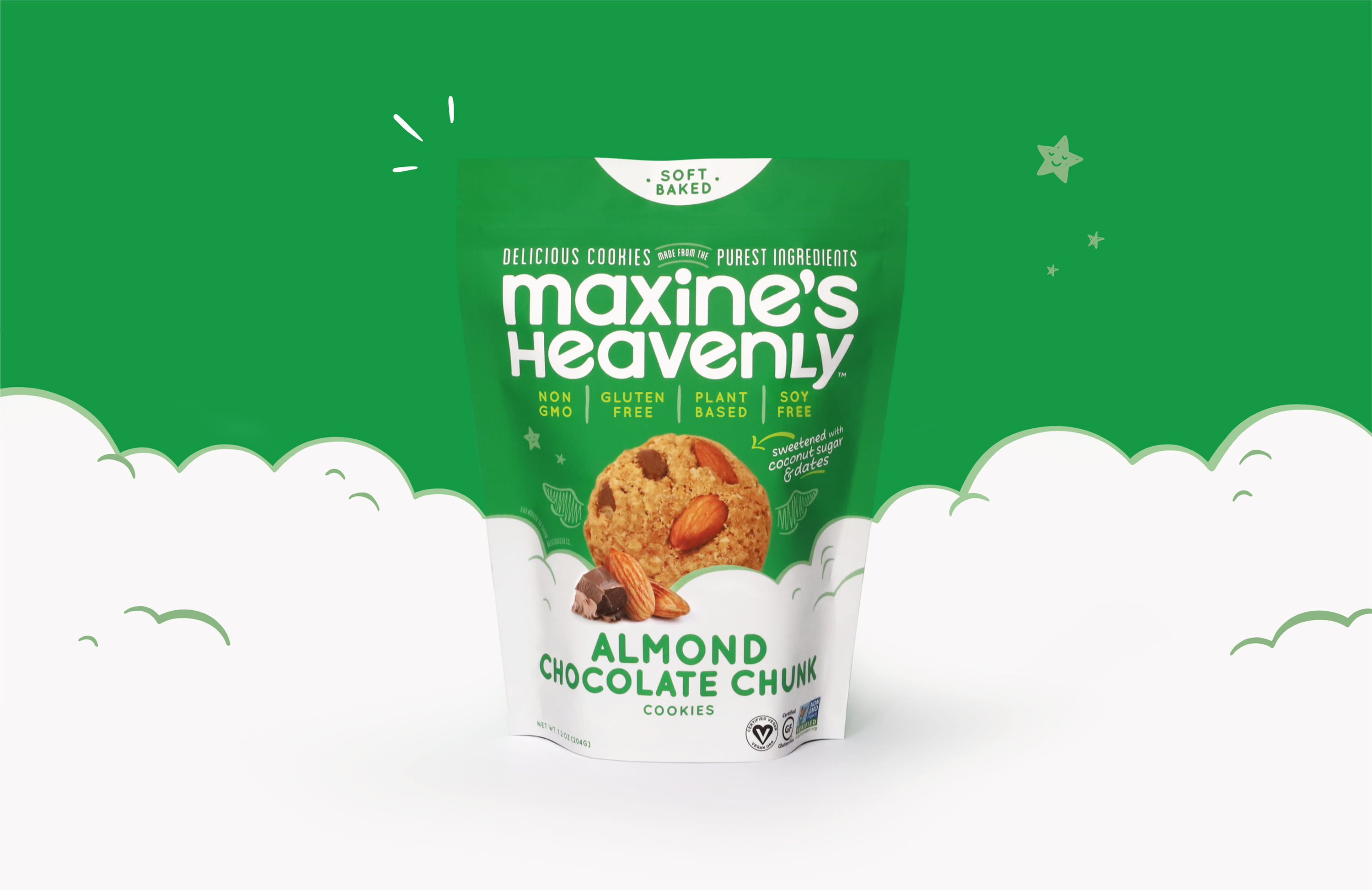 Maxine’s Heavenly Almond flavor standup pouch with clouds background
