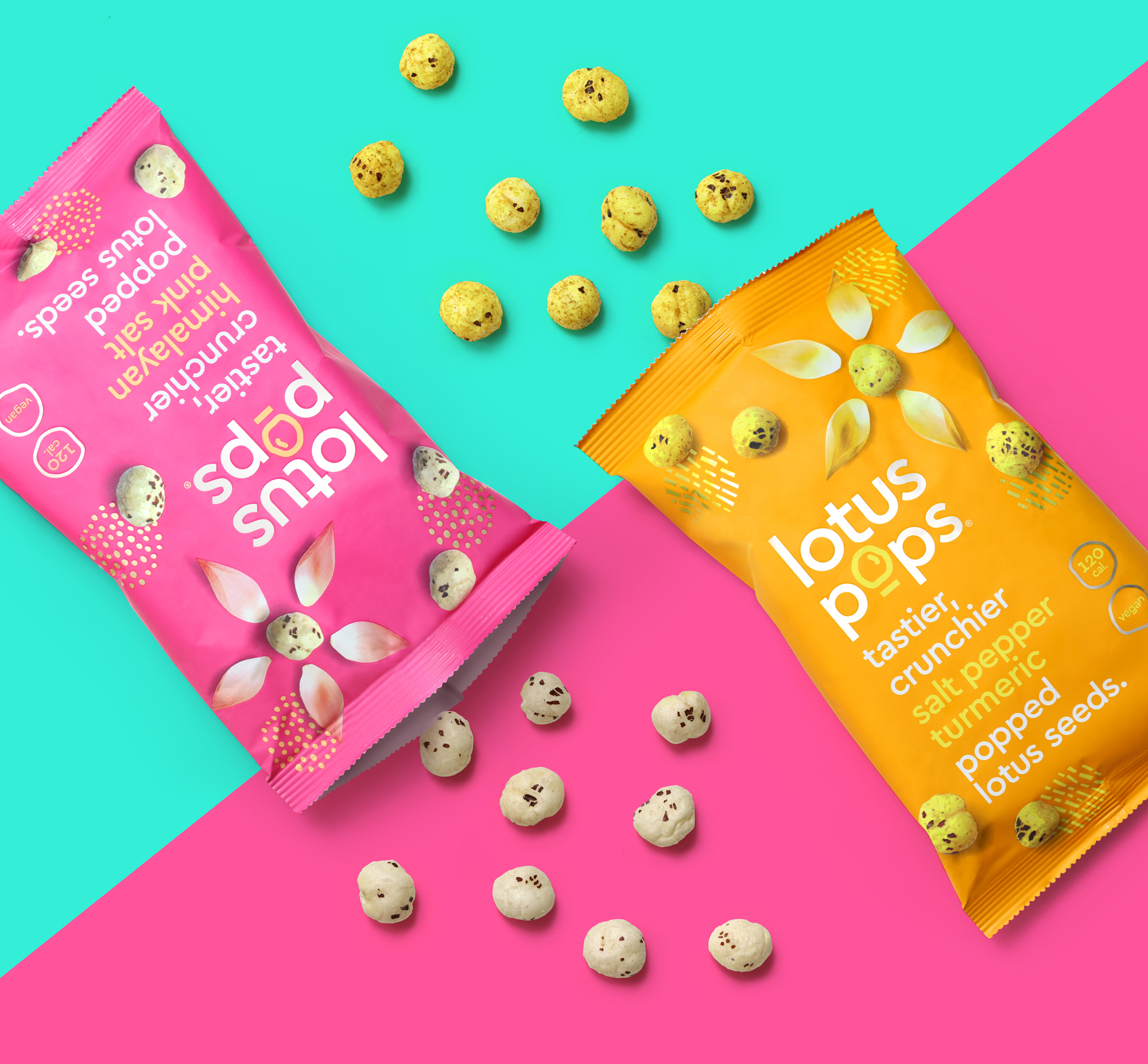 Lotus Pops packaging on angled background with pops scattered